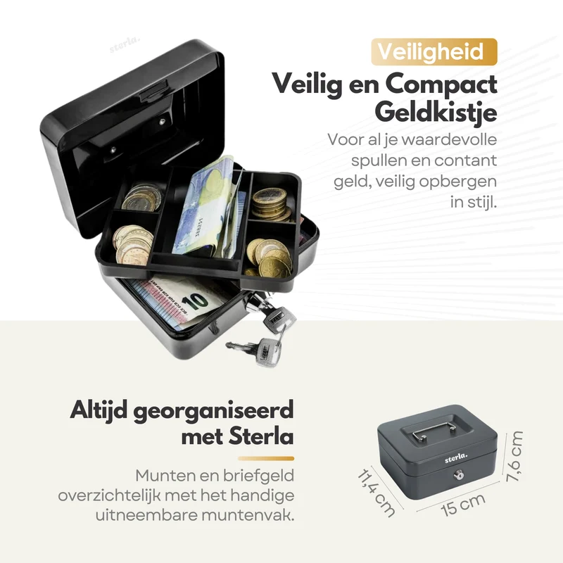 Sterla Geldkist – Metalen Geldkistje 20 x 16 x 9 cm Robuuste Geldkluis voor Veilig Geldbeheer – Zwart (Tweede kansje)