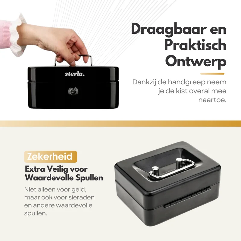 Sterla Geldkist – Metalen Geldkistje 20 x 16 x 9 cm Robuuste Geldkluis voor Veilig Geldbeheer – Zwart (Tweede kansje)