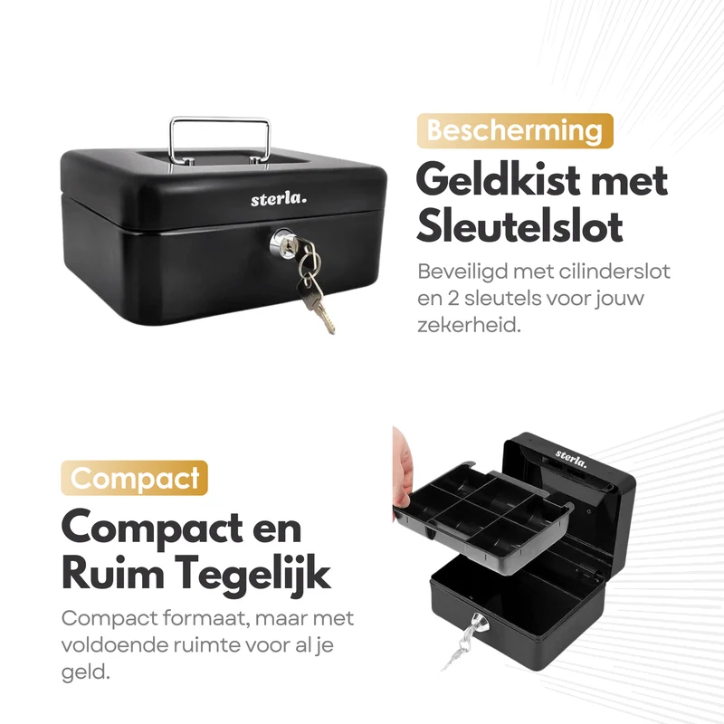Sterla Geldkist – Metalen Geldkistje 20 x 16 x 9 cm Robuuste Geldkluis voor Veilig Geldbeheer – Zwart (Tweede kansje)