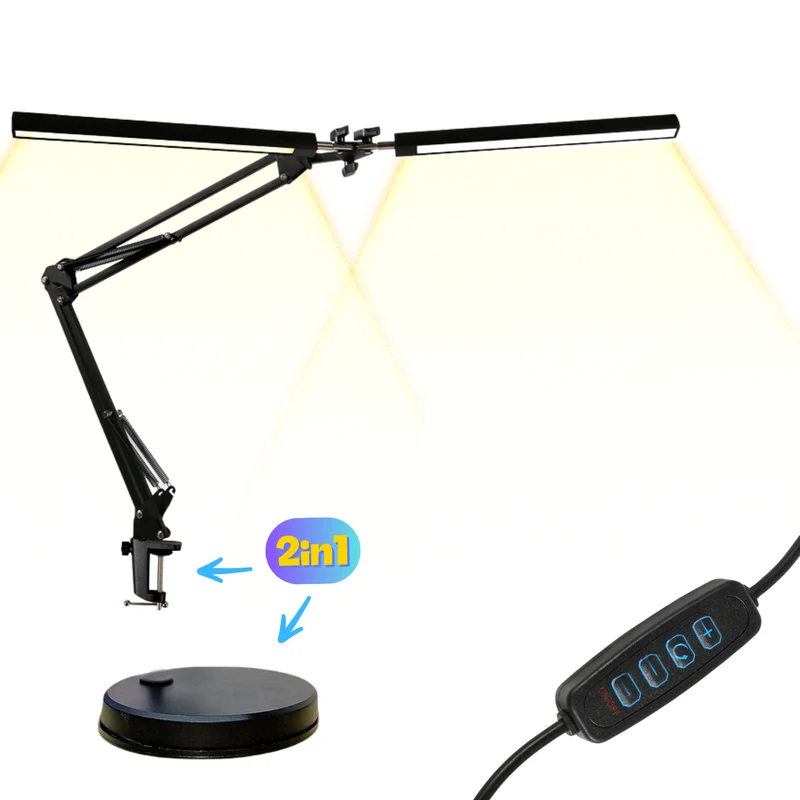 2in1 Verstelbare LED Bureaulamp - 3 Lichtstanden - Dimbaar - Verstelbaar - Met Klembevestiging & Poot - Zwart