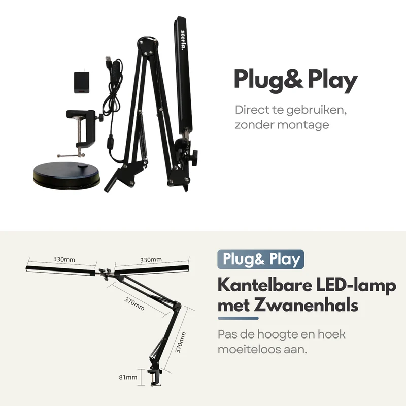 2in1 Verstelbare LED Bureaulamp - 3 Lichtstanden - Dimbaar - Verstelbaar - Met Klembevestiging & Poot - Zwart