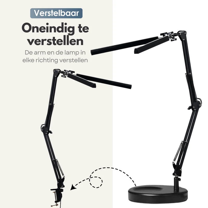 2in1 Verstelbare LED Bureaulamp - 3 Lichtstanden - Dimbaar - Verstelbaar - Met Klembevestiging & Poot - Zwart
