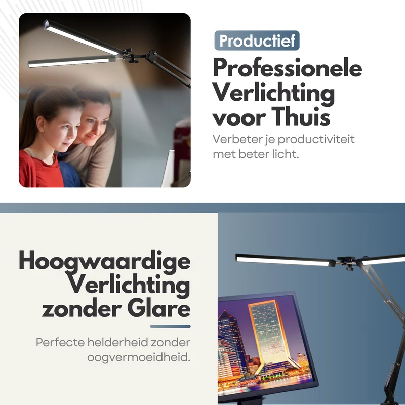 2in1 Verstelbare LED Bureaulamp - 3 Lichtstanden - Dimbaar - Verstelbaar - Met Klembevestiging & Poot - Zwart