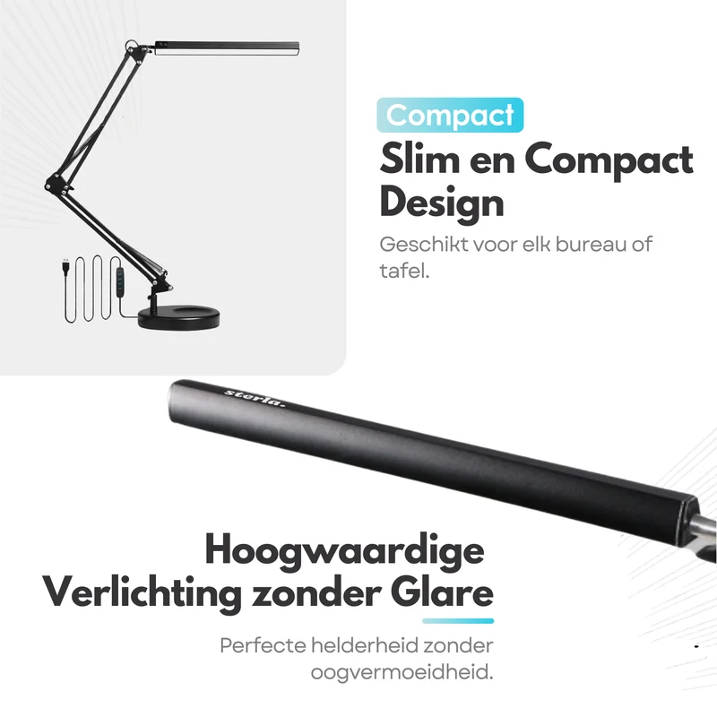 Verstelbare LED Bureaulamp - 3 Lichtstanden - Flexibele Bureau Lamp Dimbaar - Verstelbaar - Met Poot - Zwart (Tweede kansje)
