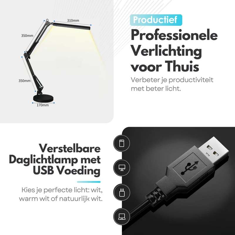 Verstelbare LED Bureaulamp - 3 Lichtstanden - Flexibele Bureau Lamp Dimbaar - Verstelbaar - Met Poot - Zwart (Tweede kansje)
