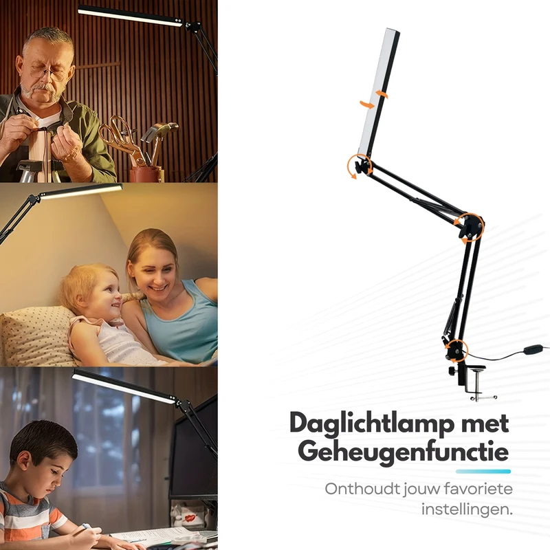 Verstelbare LED Bureaulamp - 3 Lichtstanden - Dimbaar - Verstelbaar - Met Klembevestiging - Zwart
