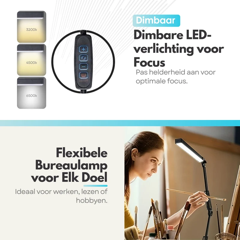 Verstelbare LED Bureaulamp - 3 Lichtstanden - Dimbaar - Verstelbaar - Met Klembevestiging - Zwart
