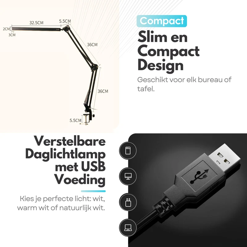Verstelbare LED Bureaulamp - 3 Lichtstanden - Dimbaar - Verstelbaar - Met Klembevestiging - Zwart