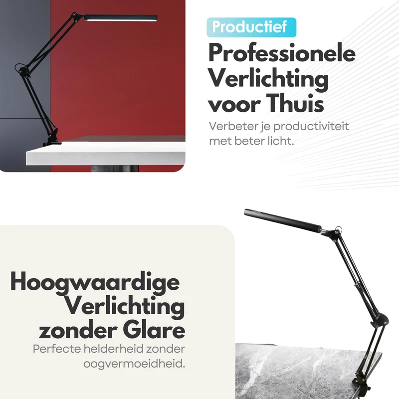Verstelbare LED Bureaulamp - 3 Lichtstanden - Dimbaar - Verstelbaar - Met Klembevestiging - Zwart