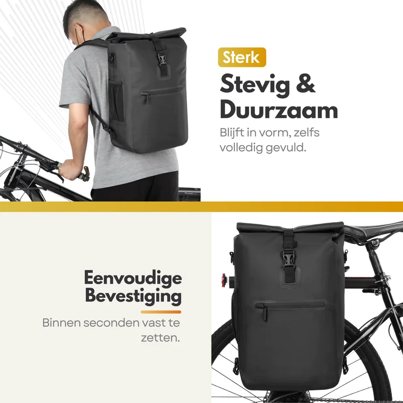 3in1 Fietstas – Waterdichte Fietsrugtas & Schoudertas – 25L Laptopvak – Geschikt voor Fiets & E-bike – PVC