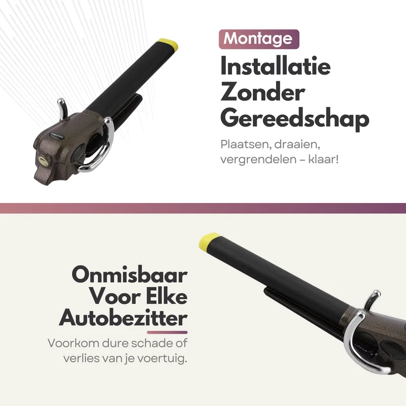 Universele Auto Stuurslot – Universeel Stoplock Antidiefstal – Sterk Stalen Stuurbeveiliging met 3 Sleutels & Opbergtas