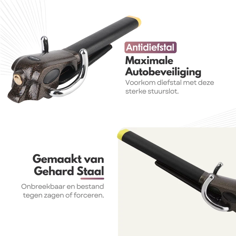 Universele Auto Stuurslot – Universeel Stoplock Antidiefstal – Sterk Stalen Stuurbeveiliging met 3 Sleutels & Opbergtas