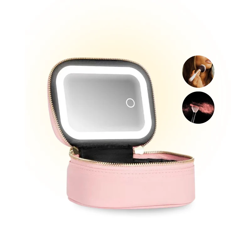 Draagbare Luxe Beautycase Tas met Spiegel & LED Verlichting – Perfecte Make-up Koffer Organizer voor Dames - Roze