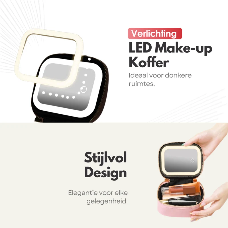 Draagbare Luxe Beautycase Tas met Spiegel & LED Verlichting – Perfecte Make-up Koffer Organizer voor Dames - Roze