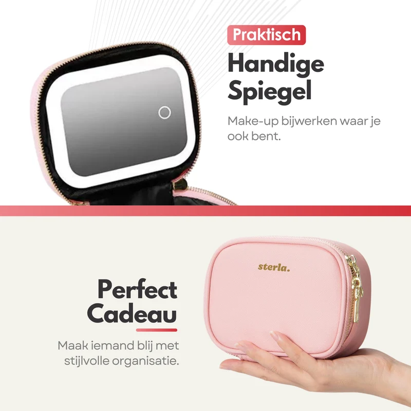 Draagbare Luxe Beautycase Tas met Spiegel & LED Verlichting – Perfecte Make-up Koffer Organizer voor Dames - Roze