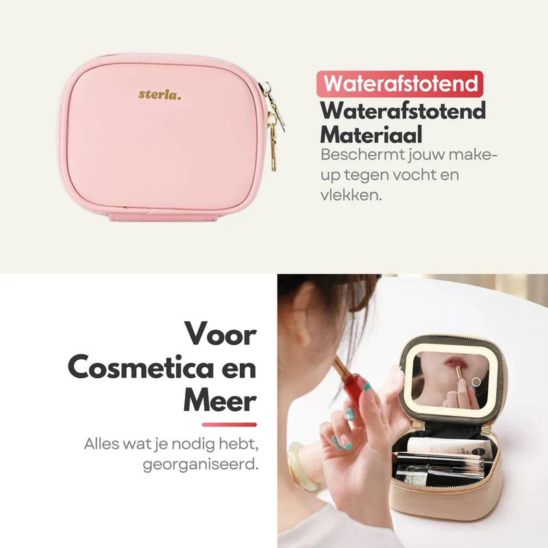 Draagbare Luxe Beautycase Tas met Spiegel & LED Verlichting – Perfecte Make-up Koffer Organizer voor Dames - Roze