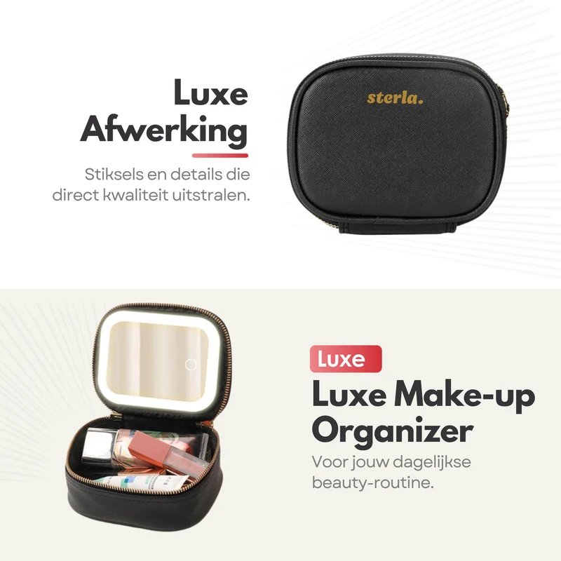 Draagbare Luxe Beautycase Tas met Spiegel & LED Verlichting – Perfecte Make-up Koffer Organizer voor Dames - Zwart