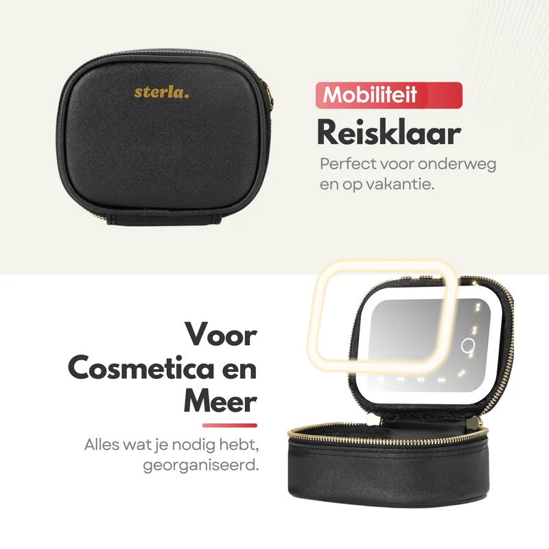 Draagbare Luxe Beautycase Tas met Spiegel & LED Verlichting – Perfecte Make-up Koffer Organizer voor Dames - Zwart