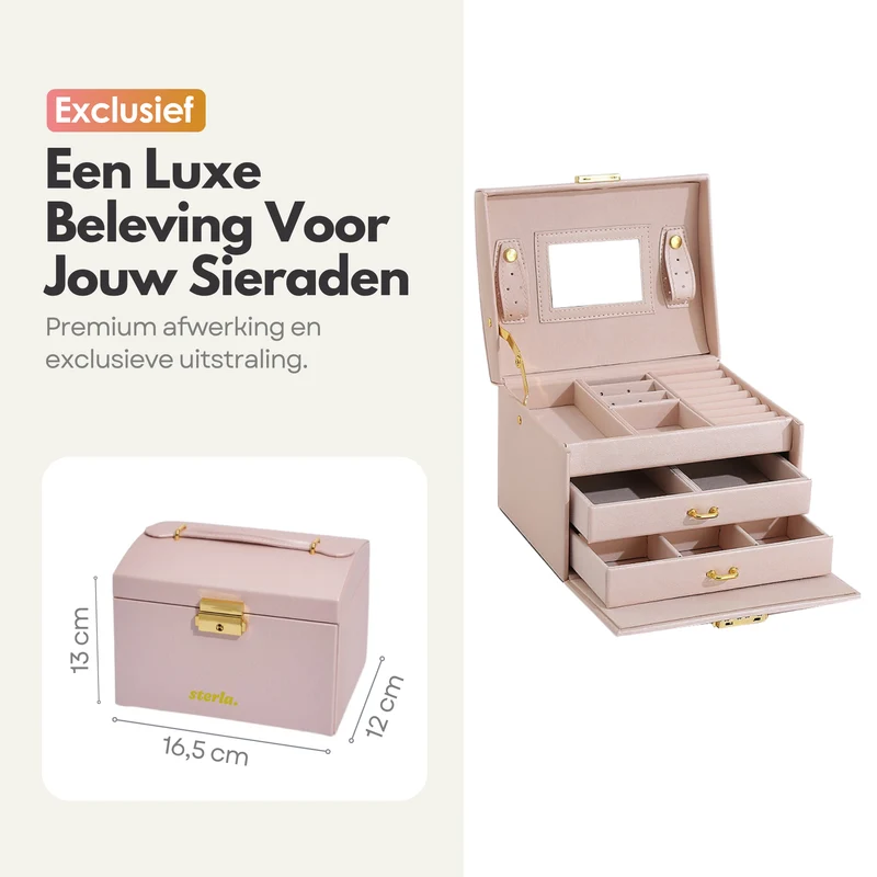 Luxe Sieradendoos met Slot – 14 Compartimenten - Opbergsysteem met Spiegel en Slot voor Jouw Sieraden - Roze