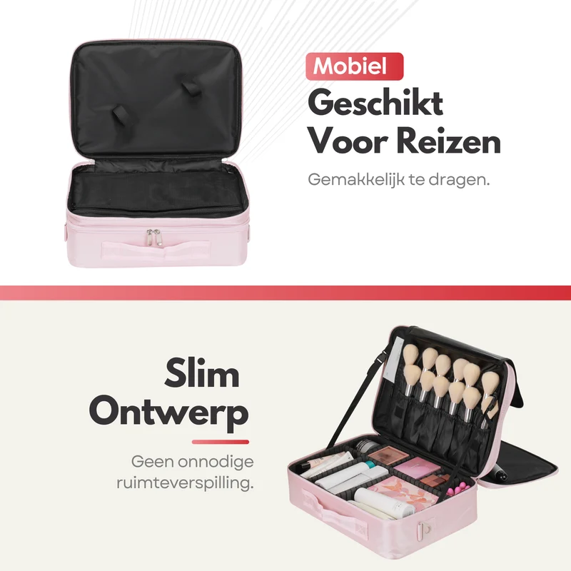 Luxe Make-up Tas XL – Beautycase met Verstelbare Vakken - Handzaam Formaat - Ideaal voor Reizen - Roze