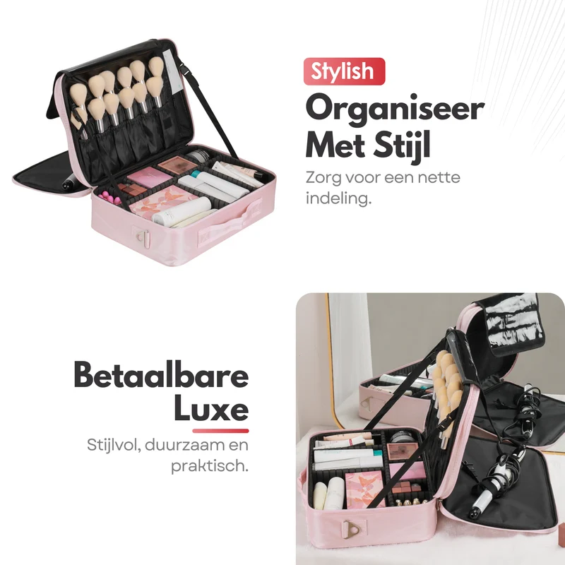 Luxe Make-up Tas XL – Beautycase met Verstelbare Vakken - Handzaam Formaat - Ideaal voor Reizen - Roze