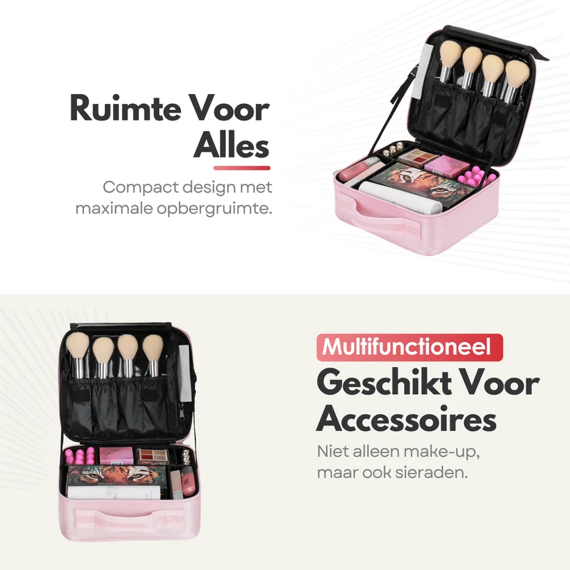 Luxe Make-up Tas – Beautycase met Verstelbare Vakken - Handzaam Formaat - Ideaal voor Reizen - Roze