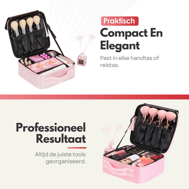 Luxe Make-up Tas – Beautycase met Verstelbare Vakken - Handzaam Formaat - Ideaal voor Reizen - Roze