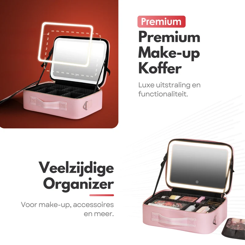Luxe Beautycase Tas met Spiegel & LED Verlichting – Perfecte Make-up Koffer Organizer voor Dames - Maat XL - Roze