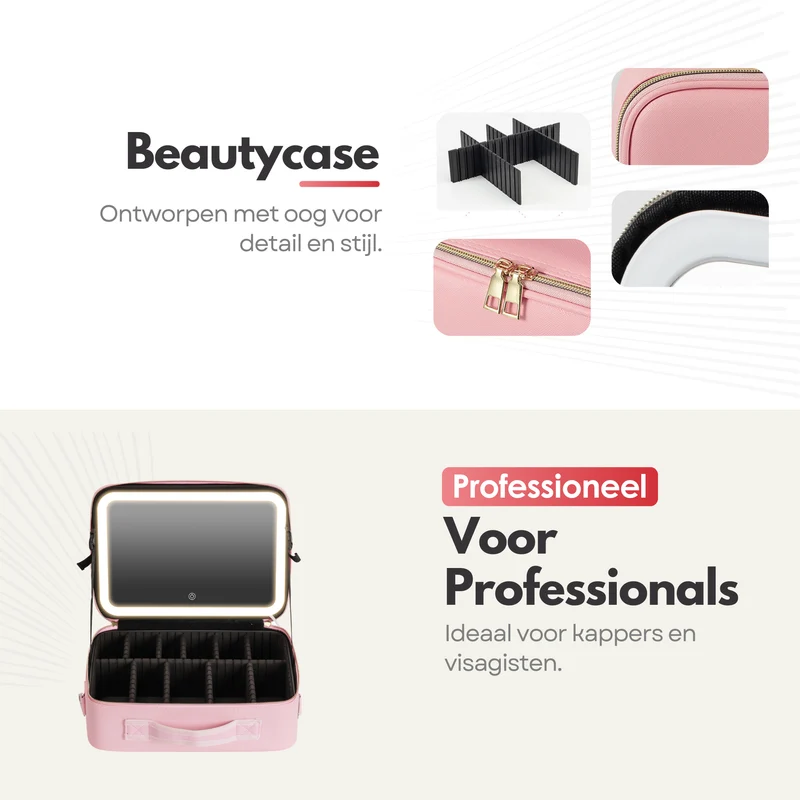 Luxe Beautycase Tas met Spiegel & LED Verlichting – Perfecte Make-up Koffer Organizer voor Dames - Maat XL - Roze