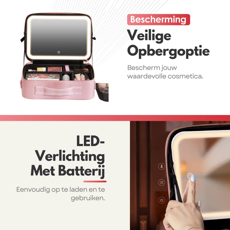 Luxe Beautycase Tas met Spiegel & LED Verlichting – Perfecte Make-up Koffer Organizer voor Dames - Maat XL - Roze