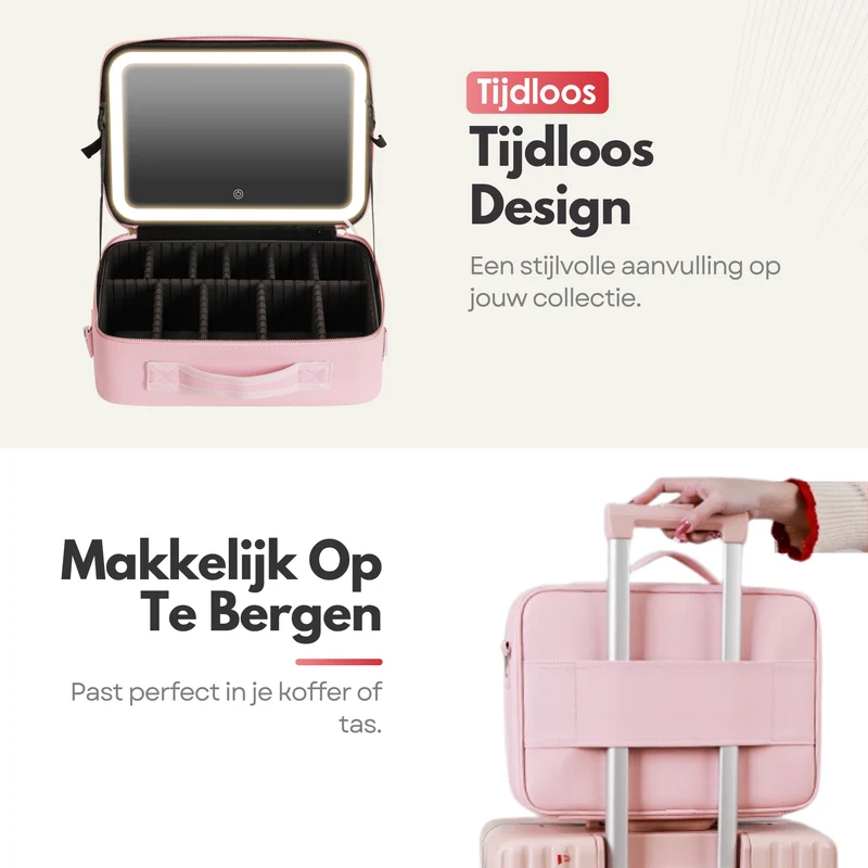 Luxe Beautycase Tas met Spiegel & LED Verlichting – Perfecte Make-up Koffer Organizer voor Dames - Maat XL - Roze