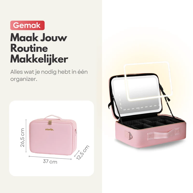 Luxe Beautycase Tas met Spiegel & LED Verlichting – Perfecte Make-up Koffer Organizer voor Dames - Maat XL - Roze