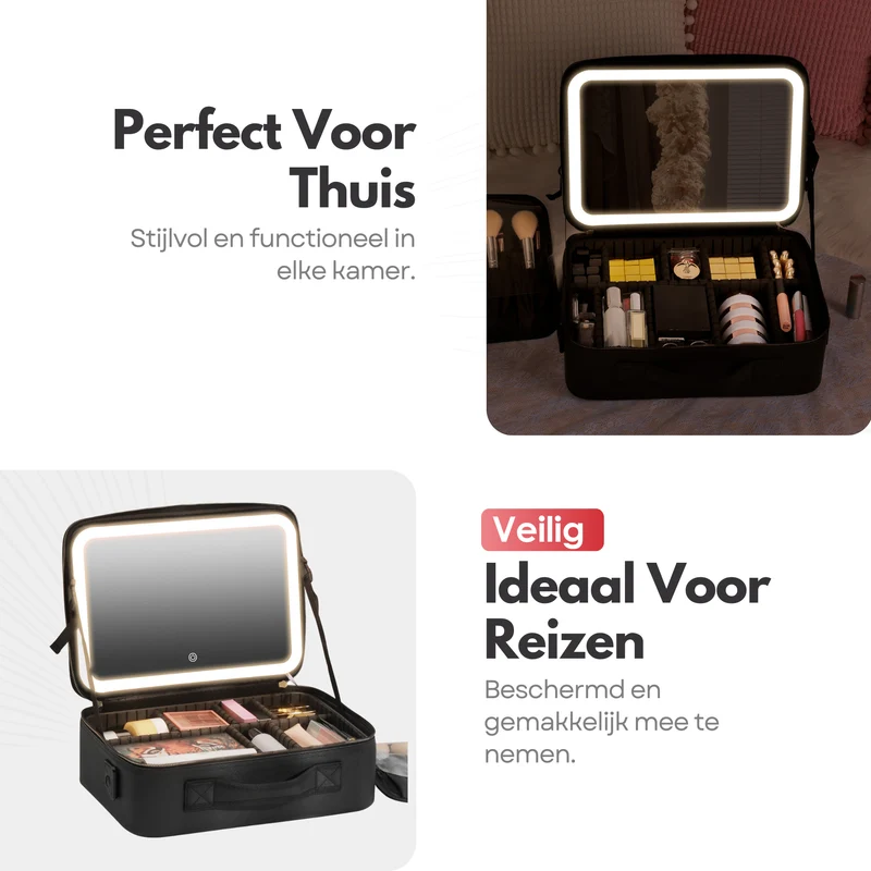 Luxe Beautycase Tas met Spiegel & LED Verlichting – Perfecte Make-up Koffer Organizer voor Dames - Maat XL - Zwart
