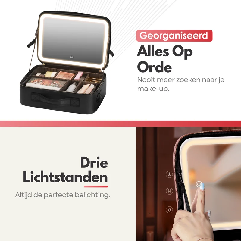 Luxe Beautycase Tas met Spiegel & LED Verlichting – Perfecte Make-up Koffer Organizer voor Dames - Maat XL - Zwart