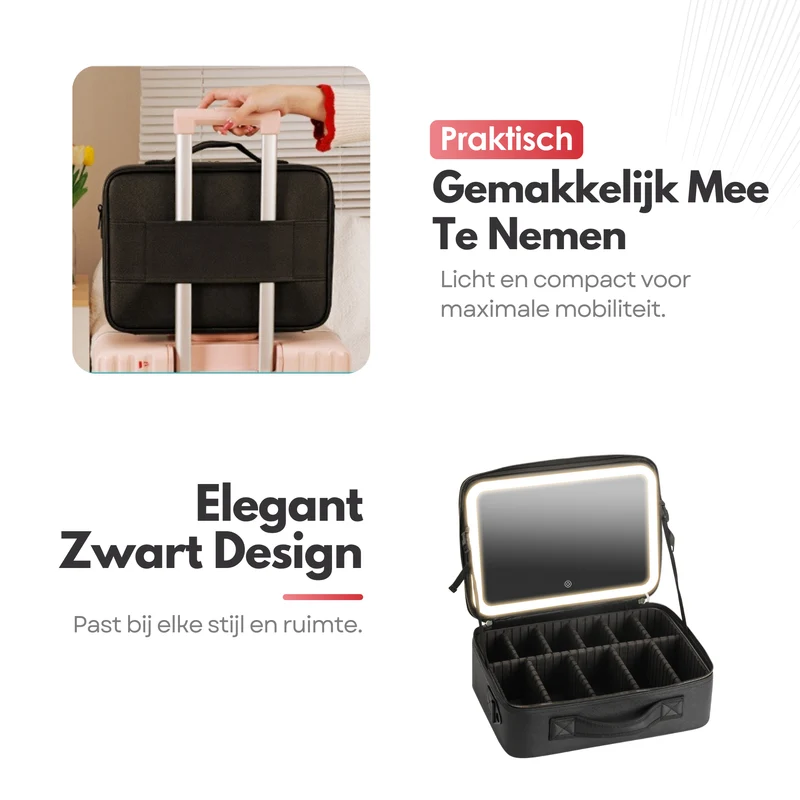 Luxe Beautycase Tas met Spiegel & LED Verlichting – Perfecte Make-up Koffer Organizer voor Dames - Maat XL - Zwart