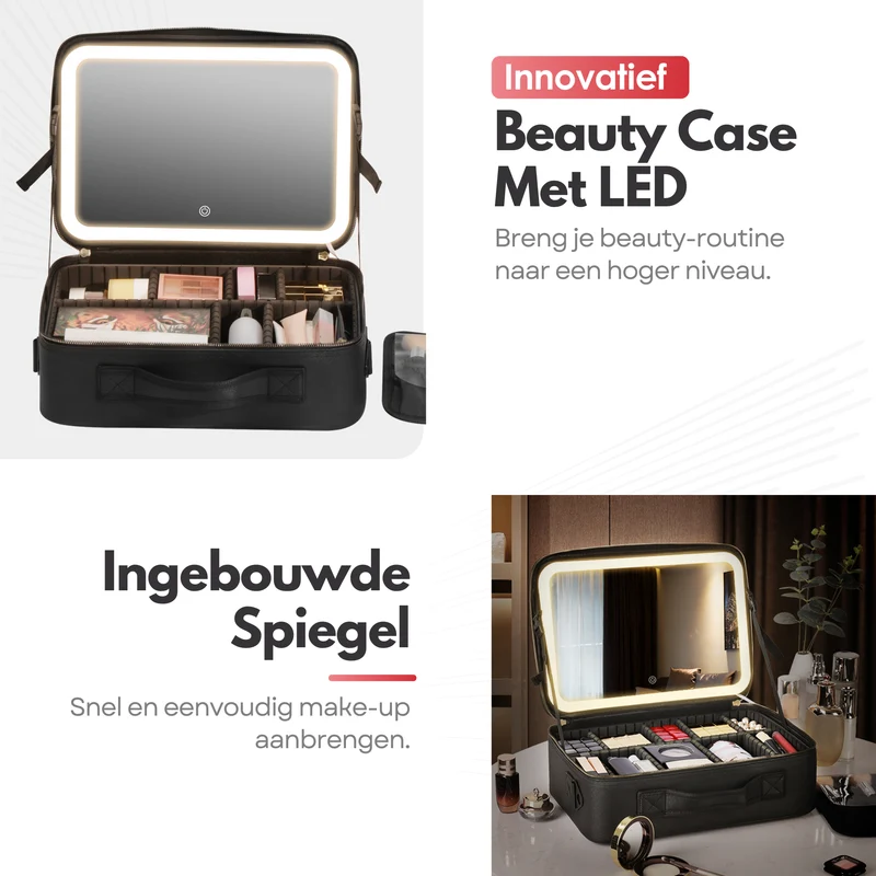 Luxe Beautycase Tas met Spiegel & LED Verlichting – Perfecte Make-up Koffer Organizer voor Dames - Maat XL - Zwart