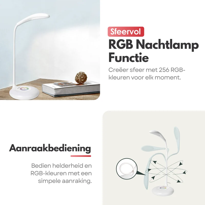 Verstelbare Draadloze LED Bureaulamp - RGB Kleuren - Dimbaar & Verstelbaar - Bureau Lamp Wit