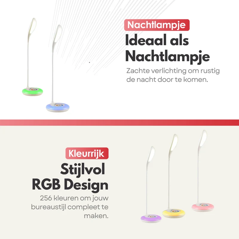 Verstelbare Draadloze LED Bureaulamp - RGB Kleuren - Dimbaar & Verstelbaar - Bureau Lamp Wit