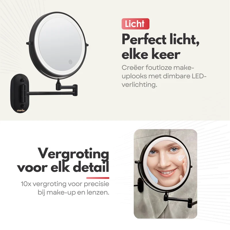 Badkamer Make-up Spiegel - met LED-verlichting - 10x Vergroting & Oplaadbaar met USB-C – Scheerspiegel Stijlvol en Functioneel - Zwart