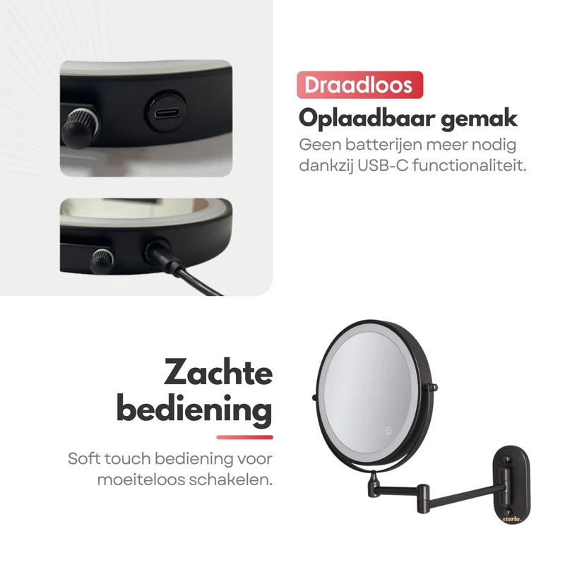 Badkamer Make-up Spiegel - met LED-verlichting - 10x Vergroting & Oplaadbaar met USB-C – Scheerspiegel Stijlvol en Functioneel - Zwart