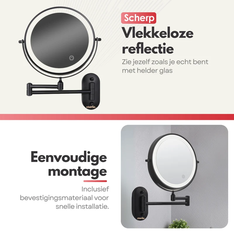 Badkamer Make-up Spiegel - met LED-verlichting - 10x Vergroting & Oplaadbaar met USB-C – Scheerspiegel Stijlvol en Functioneel - Zwart