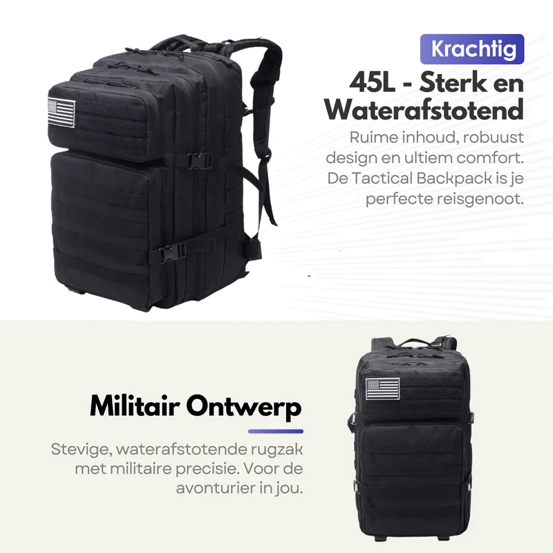 Tactische Militaire Rugzak 45L – Waterafstotende Backpack met Laptopvak voor Outdoor en Avontuur - Zwart