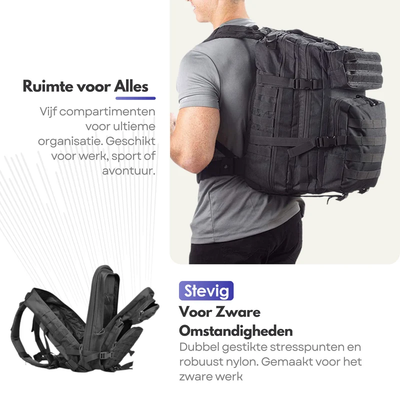 Tactische Militaire Rugzak 45L – Waterafstotende Backpack met Laptopvak voor Outdoor en Avontuur - Zwart