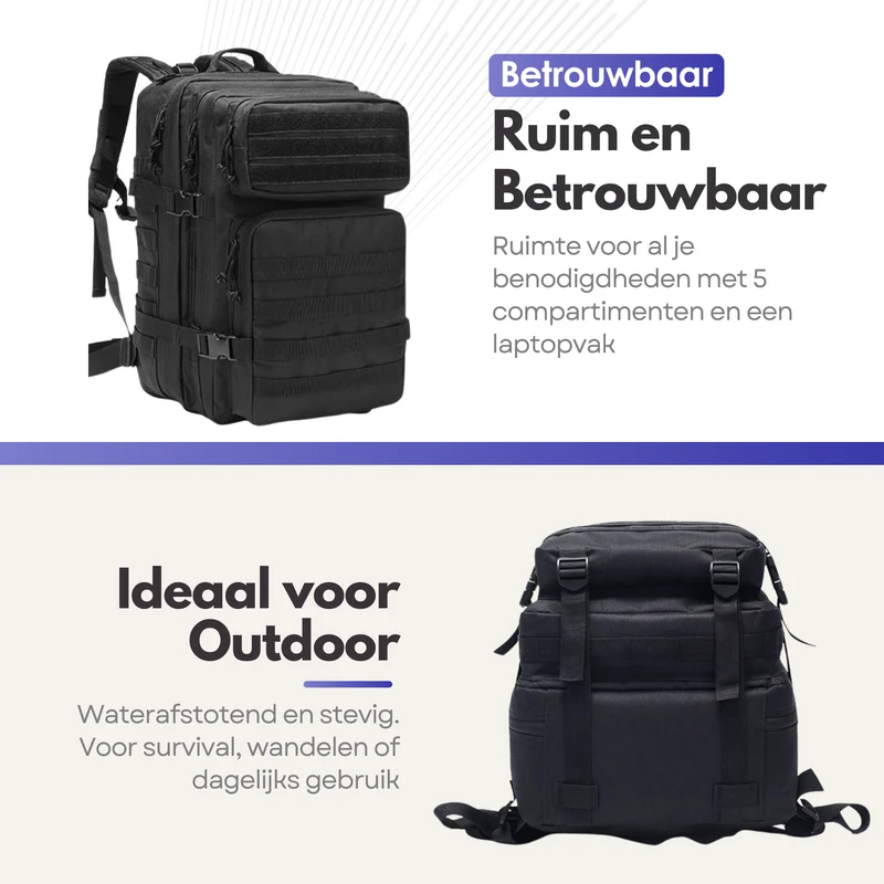 Tactische Militaire Rugzak 45L – Waterafstotende Backpack met Laptopvak voor Outdoor en Avontuur - Zwart