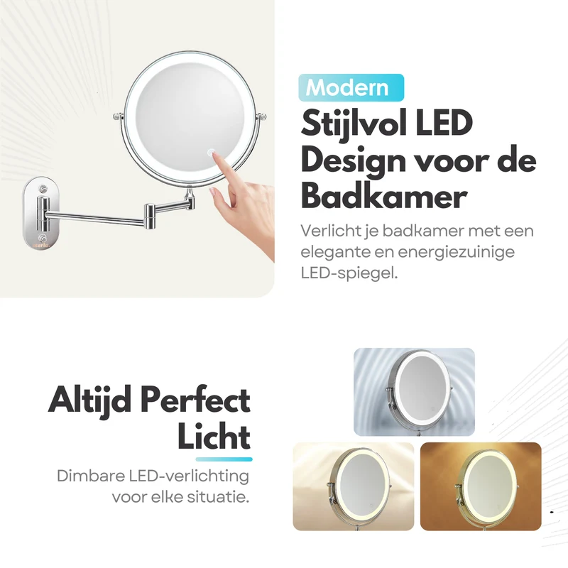 Badkamer Make-up Spiegel - met LED-verlichting - 10x Vergroting & Oplaadbaar met USB-C – Scheerspiegel Stijlvol en Functioneel - Zilver