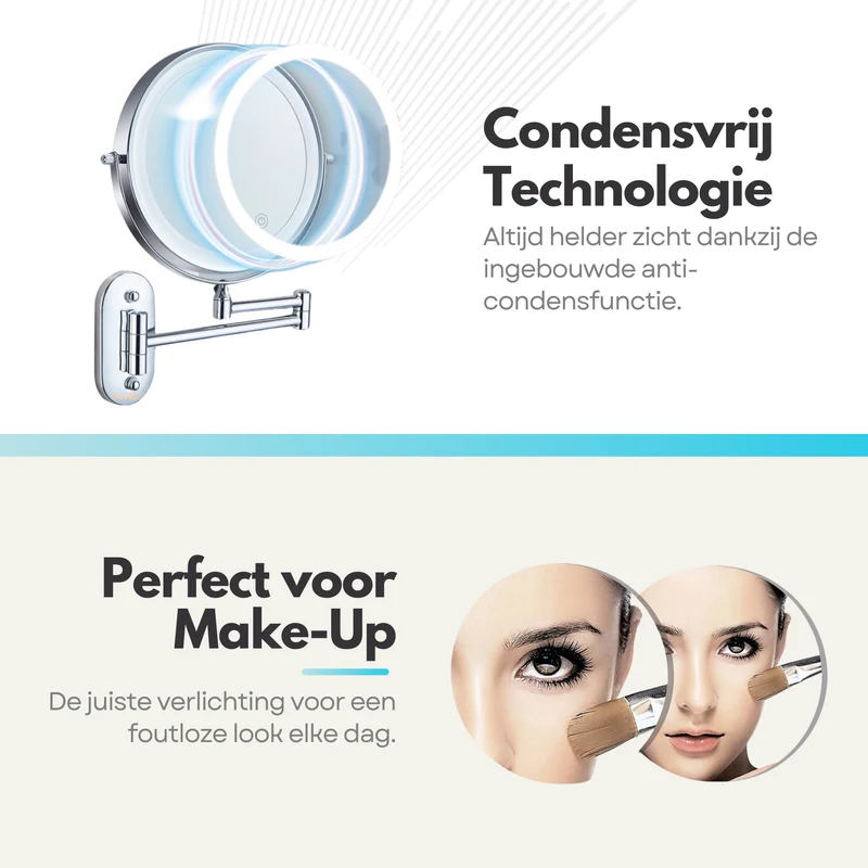 Badkamer Make-up Spiegel - met LED-verlichting - 10x Vergroting & Oplaadbaar met USB-C – Scheerspiegel Stijlvol en Functioneel - Zilver