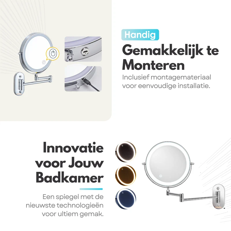Badkamer Make-up Spiegel - met LED-verlichting - 10x Vergroting & Oplaadbaar met USB-C – Scheerspiegel Stijlvol en Functioneel - Zilver