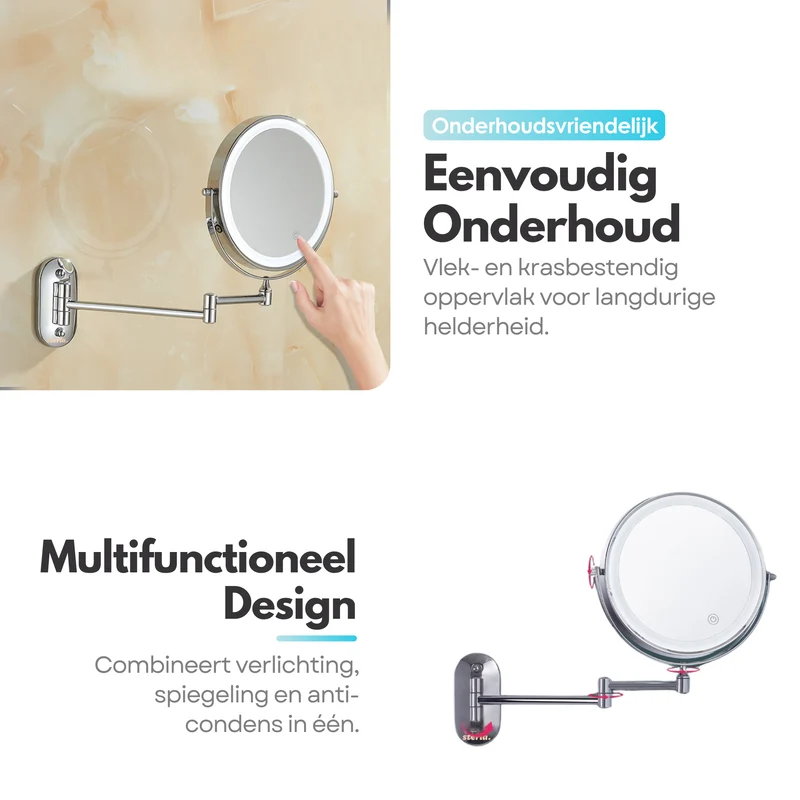 Badkamer Make-up Spiegel - met LED-verlichting - 10x Vergroting & Oplaadbaar met USB-C – Scheerspiegel Stijlvol en Functioneel - Zilver