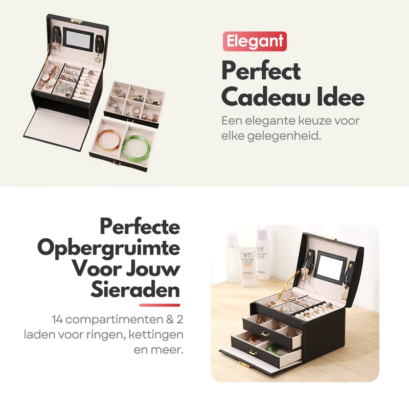 Luxe Sieradendoos met Slot – 14 Compartimenten - Opbergsysteem met Spiegel en Slot voor Jouw Sieraden - Zwart