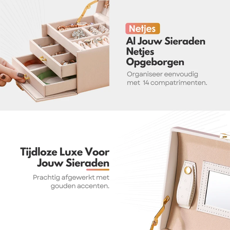 Luxe Sieradendoos met Slot – 14 Compartimenten - Opbergsysteem met Spiegel en Slot voor Jouw Sieraden - Wit